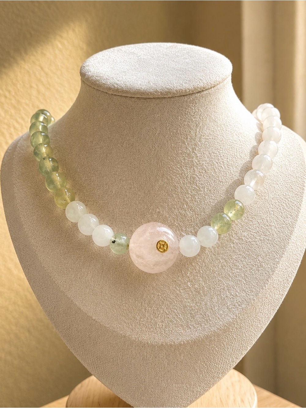Prehnite & Rose Quartz Crystal Necklace